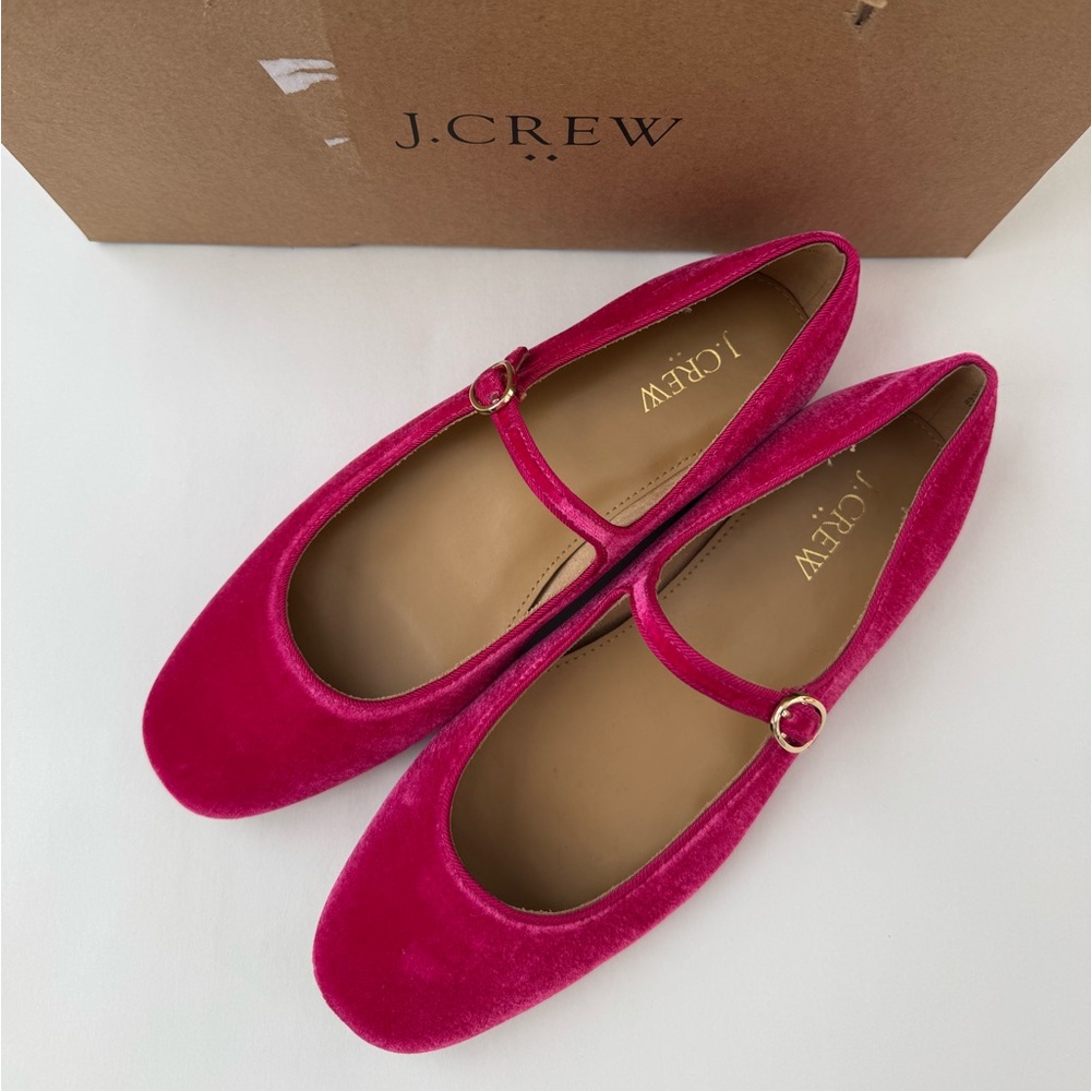 J. Crew Fuchsia Velvet Mary Jane Flats with Gold Buckles